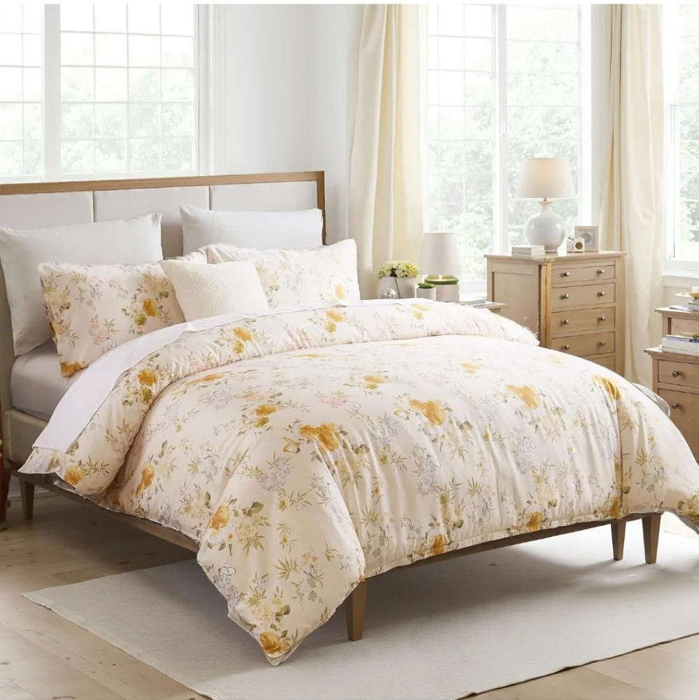 100% Cotton Duvet Cover King Size – Elegent Yellow Floral Duvet Cover Set New